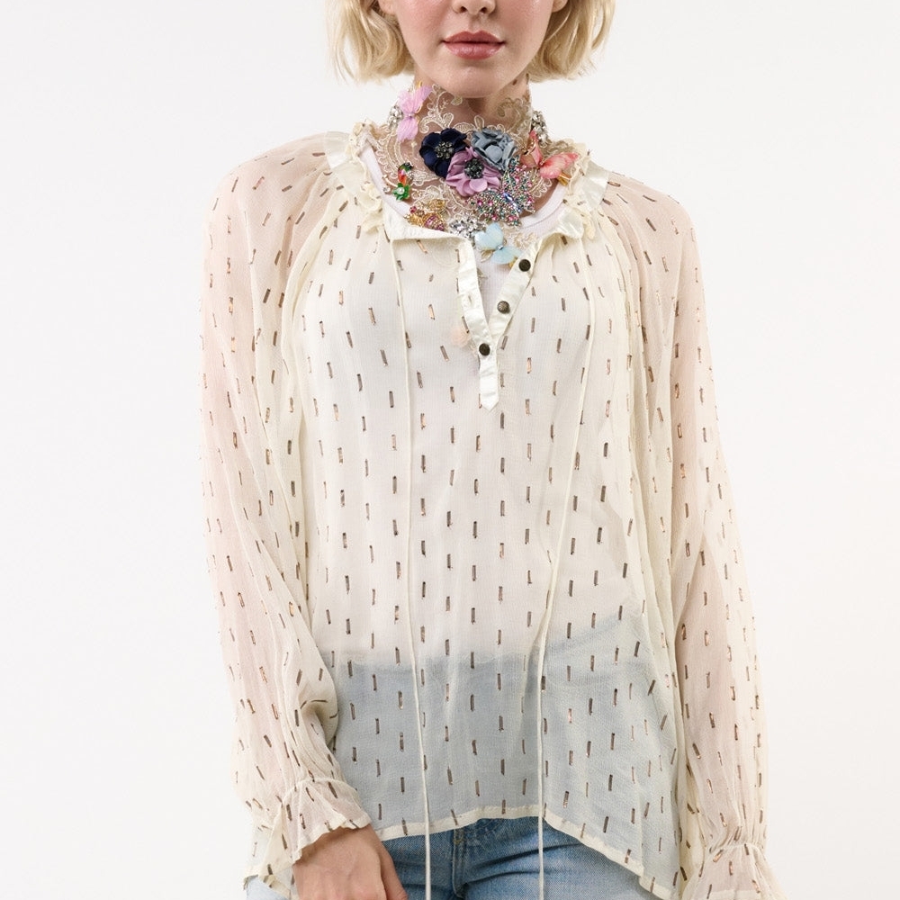 Aratta Cream Sheer Button Henley Blouse with Metallic Dot Print